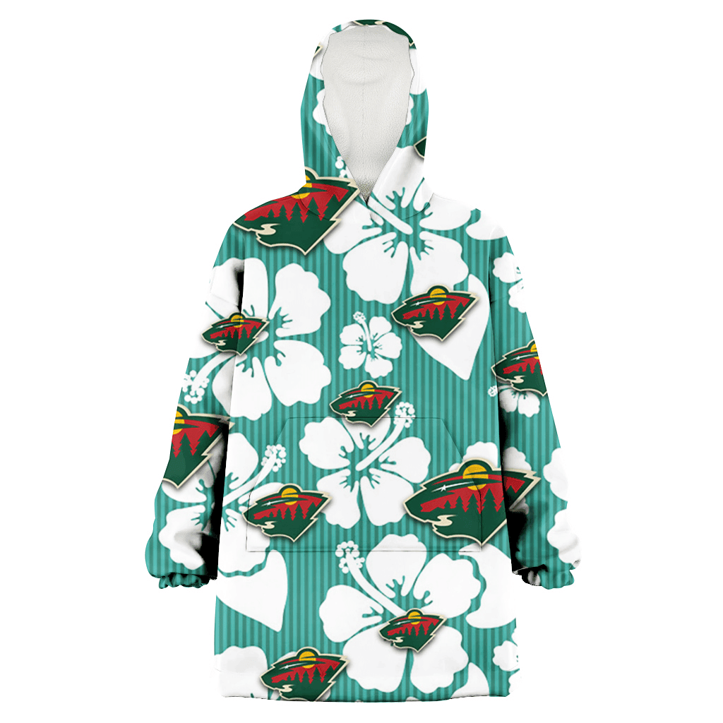 Minnesota Wild White Hibiscus Turquoise Stripe Background 3D Printed Hoodie Blanket Snug Hoodie