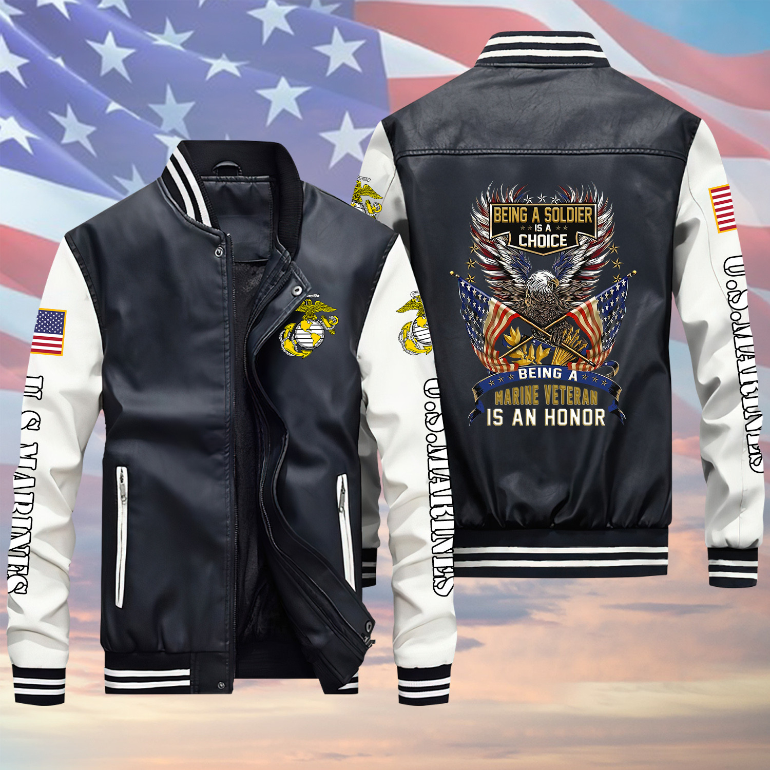 Being A U.S Marine Veteran Is An Honor Black Winter Gear Leather Bomber Leterman Varsity Jacket