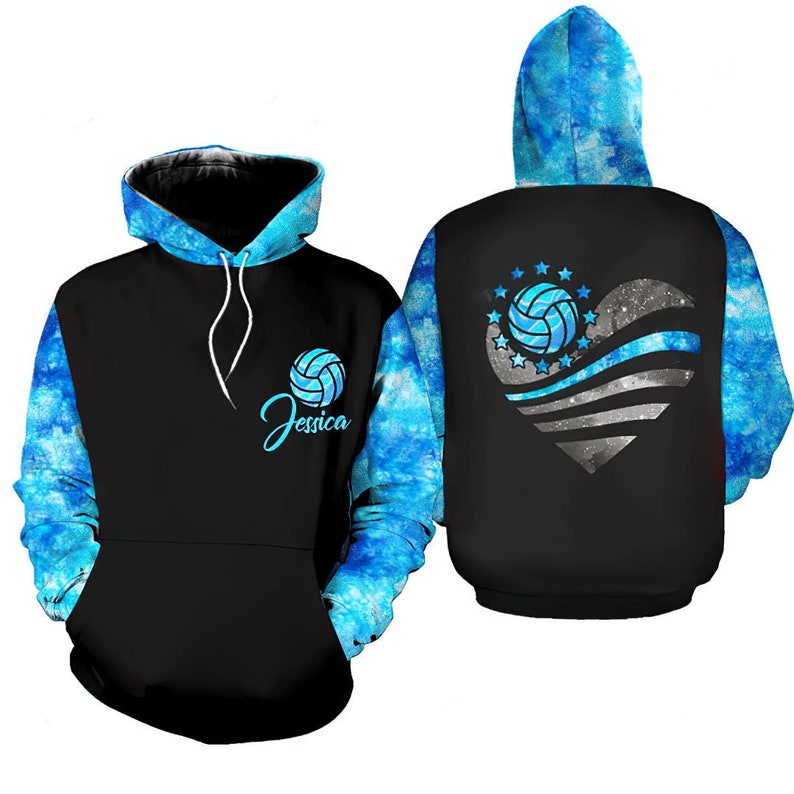 Wearzone Style Personalized Unisex Novelty Hoodies Blue Volleyball Heart Hoodie All Over Print Pullover Hoodie Hooded Zip Hoodie For Men & Women Hd1006