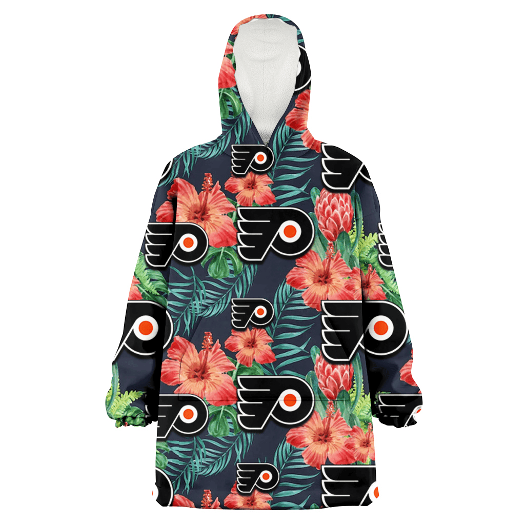 Philadelphia Flyers Orange Hibiscus Green Tropical Leaf Dark Background 3D Printed Hoodie Blanket Snug Hoodie