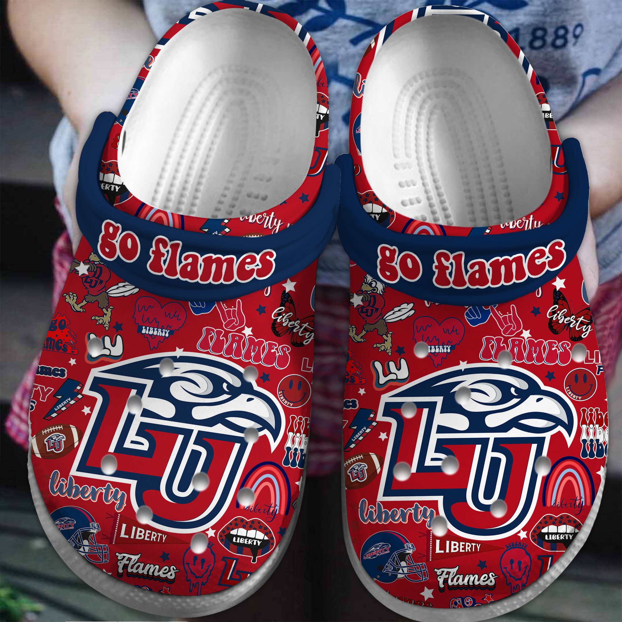 Liberty Flames Team Mascot Logo NCAA Navy Red Crocss Classic Clogs Shoes Ver936