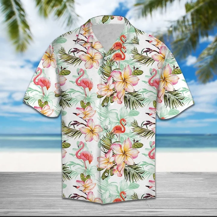 Flamingo Frangipani Flower While Theme Hawaiian Shirt