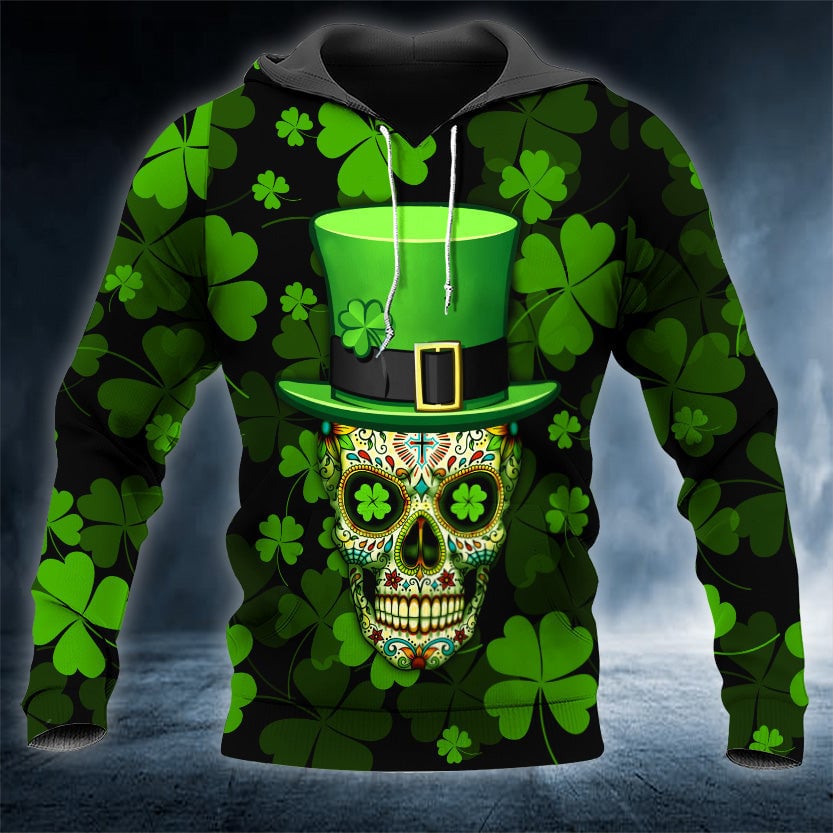 Funny 4-Leaf Clover Patrick’S Day Sugar Skull 3D Printed Hoodie