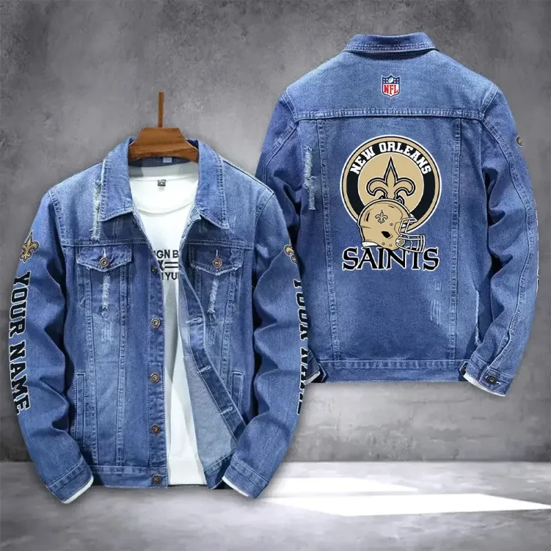 New Orleans Saints NFL Team Name Personalized Sleeve Back Logo Blue Denim Jacket