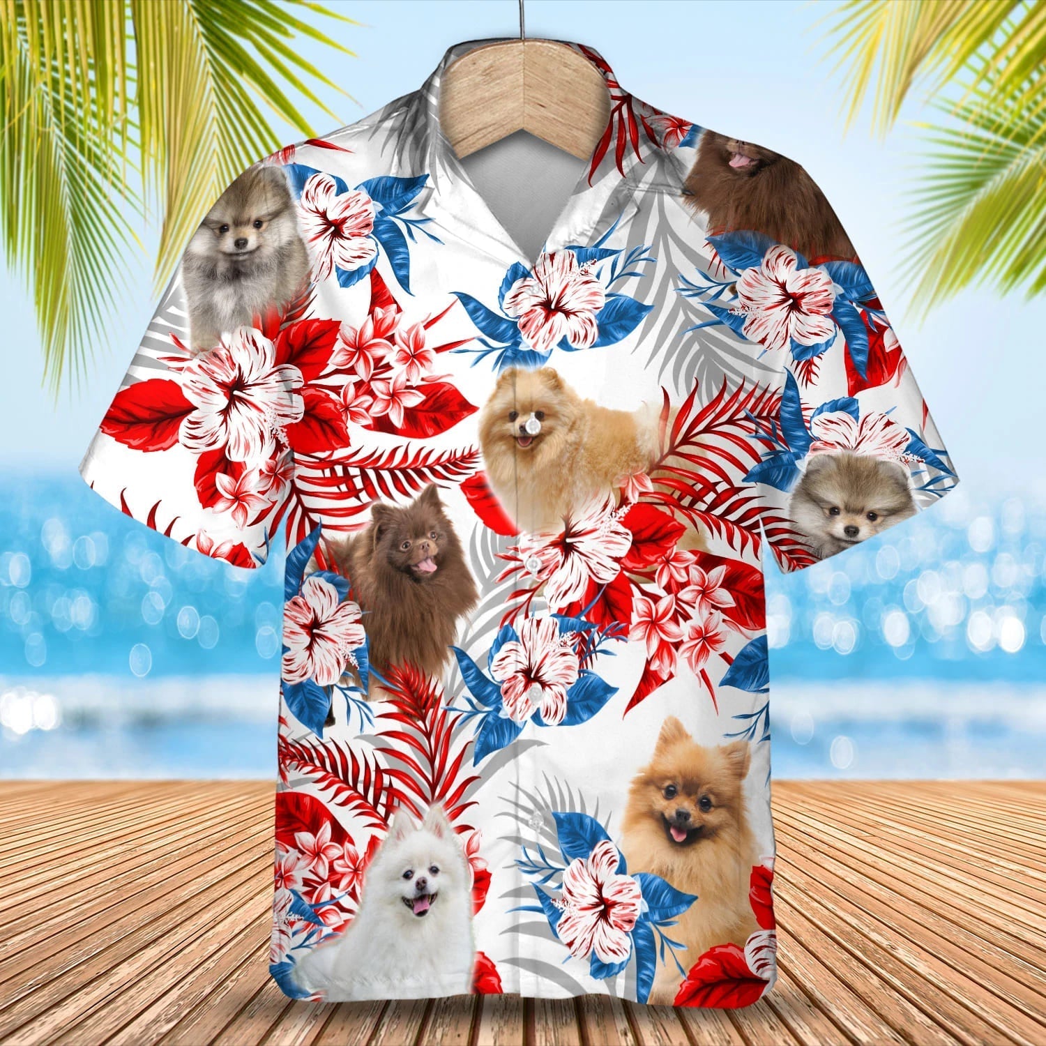 Pomeranian Flower American Flag Hawaiian Shirt, Summer Aloha Shirt, Men Hawaiian Shirt, Gift For Summer