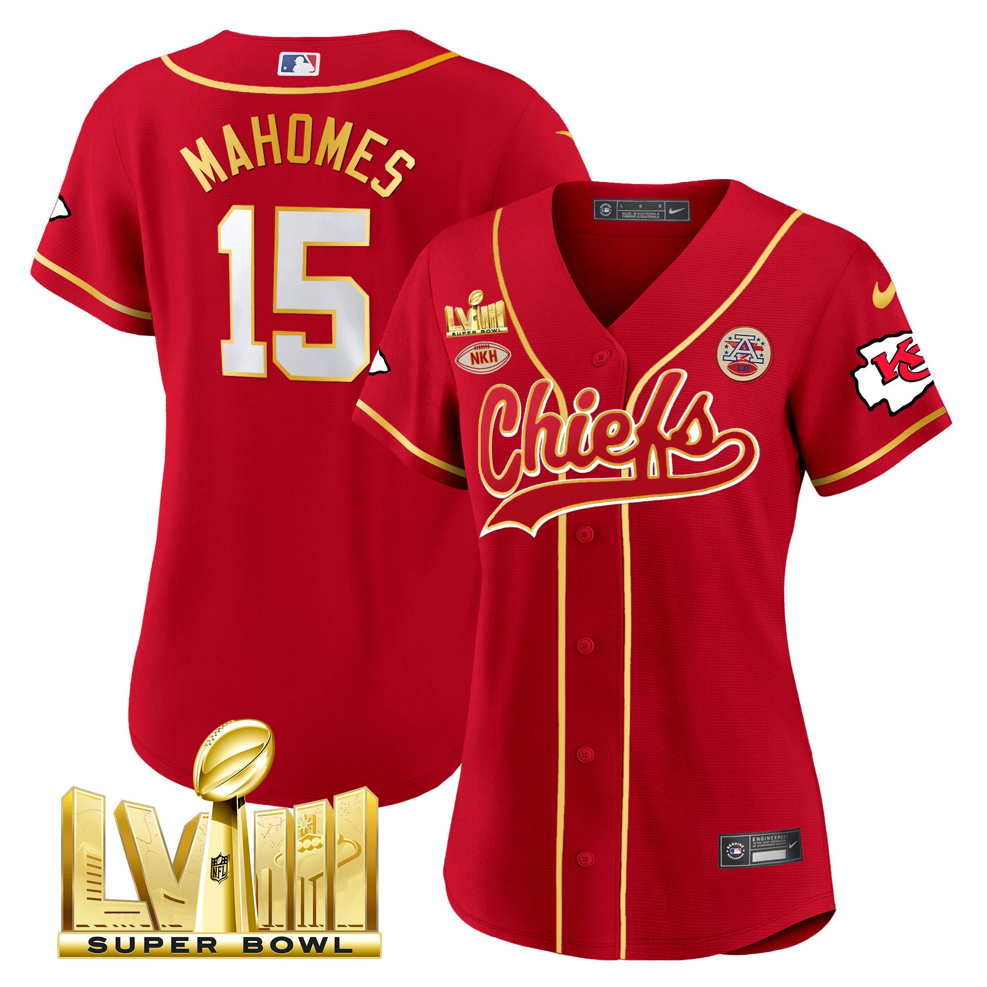 Women’S Chiefs Super Bowl Lviii Gold Patch Baseball Jersey – All Stitched