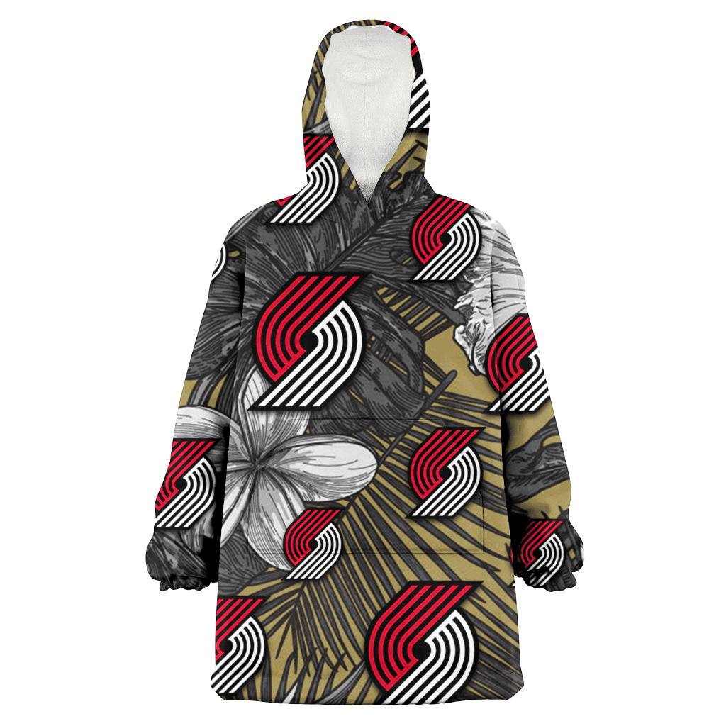 Portland Trail Blazers Gray Sketch Hibiscus Yellow Palm Leaf Black Background 3D Printed Hoodie Blanket Snug Hoodie