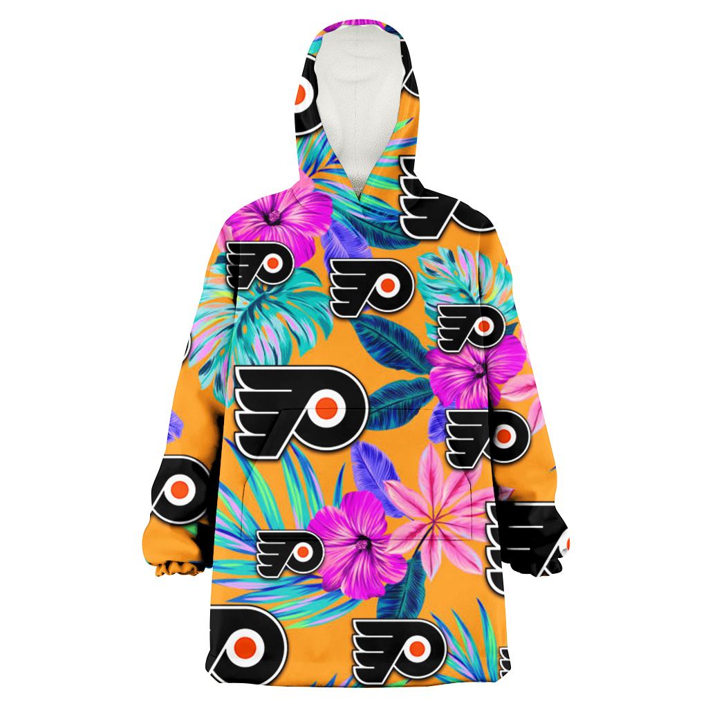 Philadelphia Flyers Purple Hibiscus Neon Leaf Orange Background 3D Printed Hoodie Blanket Snug Hoodie