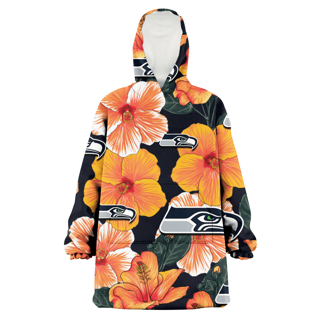 Seattle Seahawks Orange Hibiscus Dark Green Leaf Black Background 3D Printed Hoodie Blanket Snug Hoodie