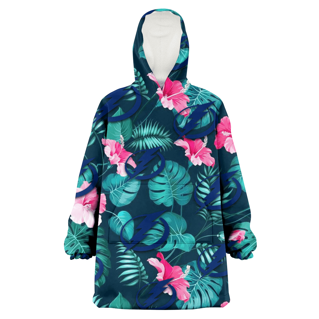 Tampa Bay Lightning Pink Hibiscus Green Leaves Dark Background 3D Printed Hoodie Blanket Snug Hoodie