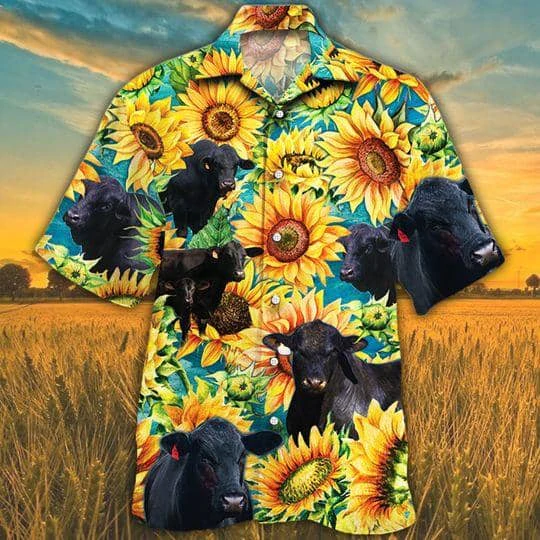 Brangus Cattle Lovers Sunflower Watercolor Hawaiian Shirt, Cow Hawaiian Shirts For Men, Women