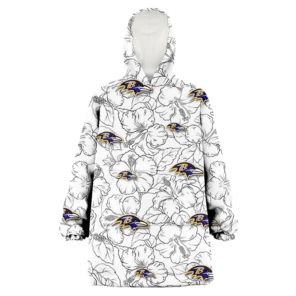 Baltimore Ravens White Sketch Hibiscus Pattern White Background 3D Printed Hoodie Blanket Snug Hoodie