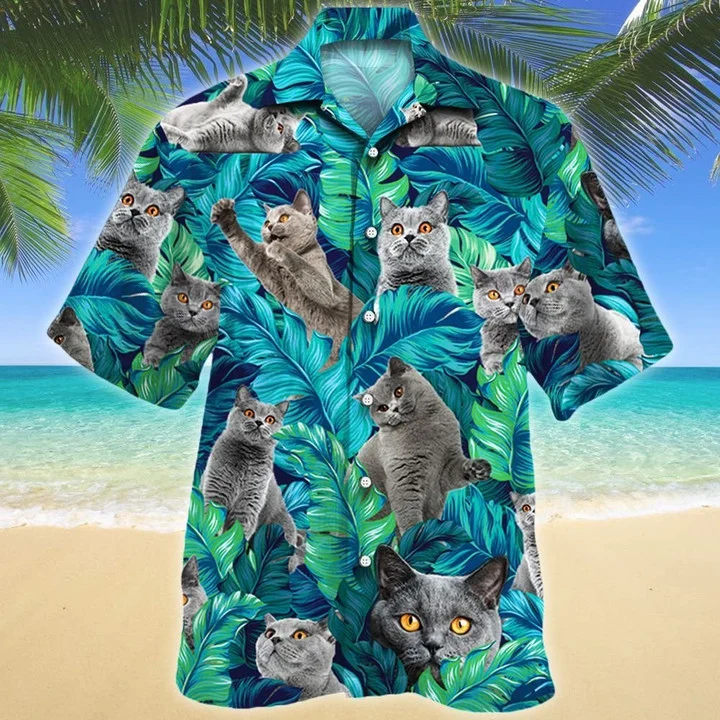 British Shorthair Cat Lovers Gift, Cat Summer Beach Palm Tree Hawaiian Shirt