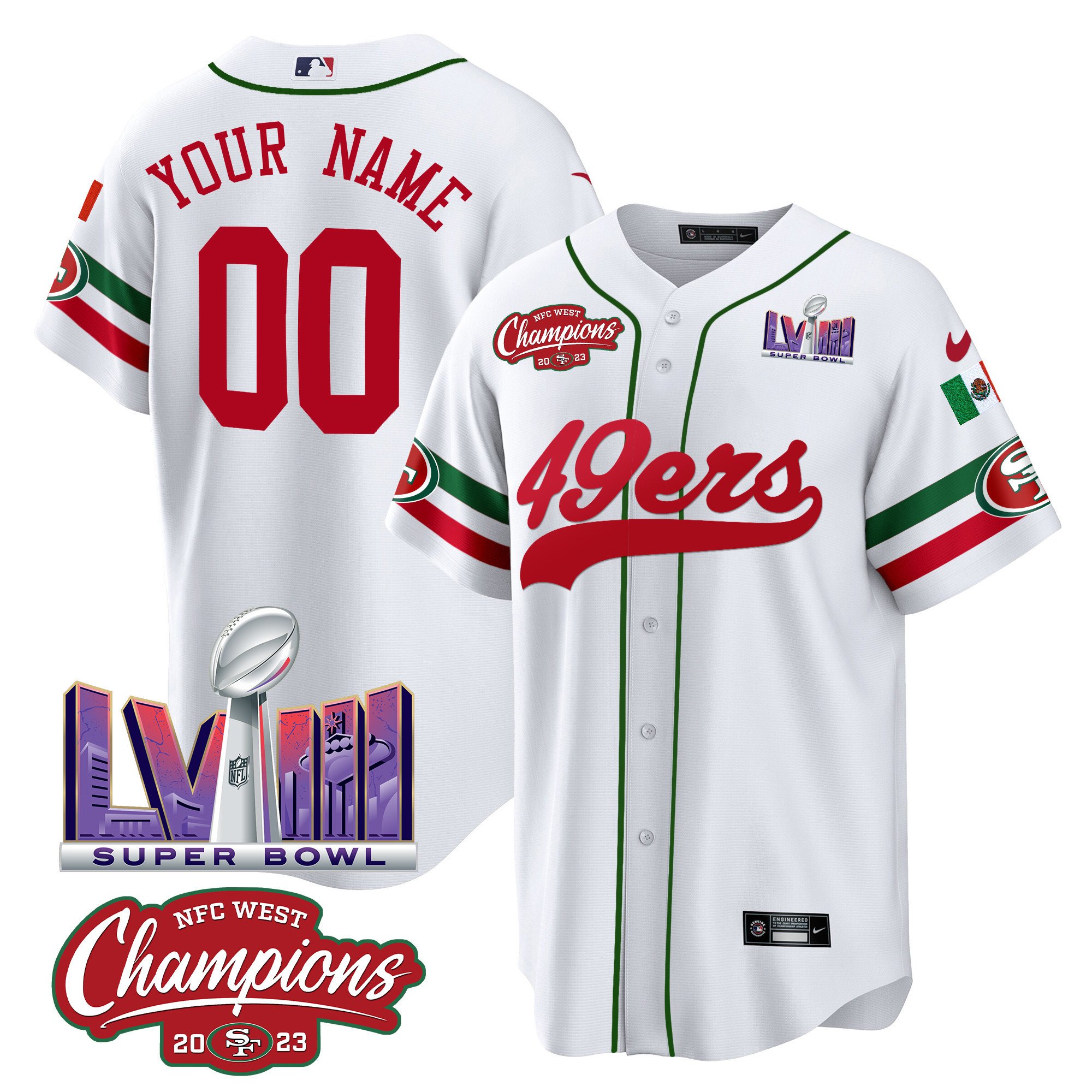 49Ers Mexico Nfc West Champions & Super Bowl Lviii Patch Baseball Custom Jersey – All Stitched