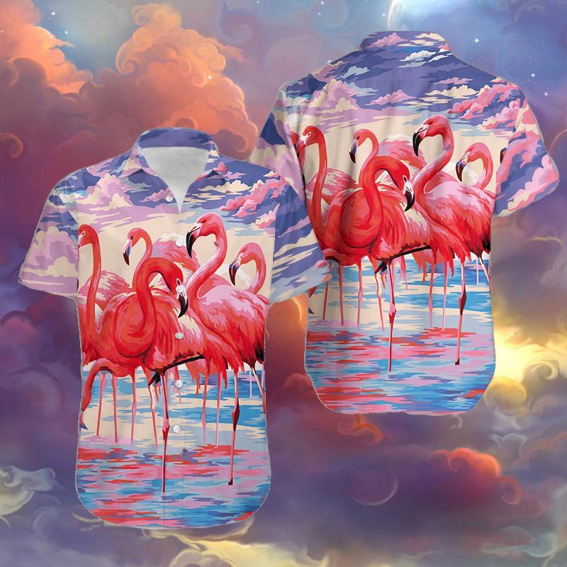 Flamingo Colorful Clouds Unisex Hawaiian Shirt, Flamingo Short Sleeve Hawaiian Aloha Shirt, Flamingo Hawaiian Shirt For Men, Women