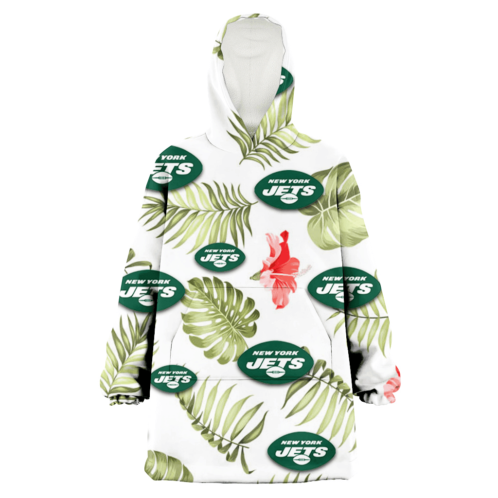 New York Jets Light Salmon Hibiscus Green Leaf White Background 3D Printed Hoodie Blanket Snug Hoodie