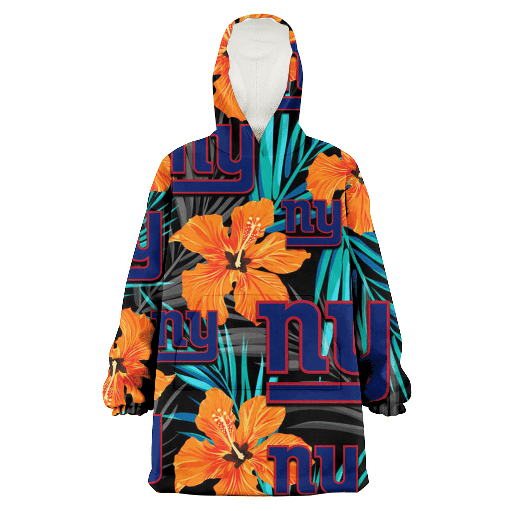 New York Giants Orange Hibiscus Blue Gray Leaf Black Background 3D Printed Hoodie Blanket Snug Hoodie