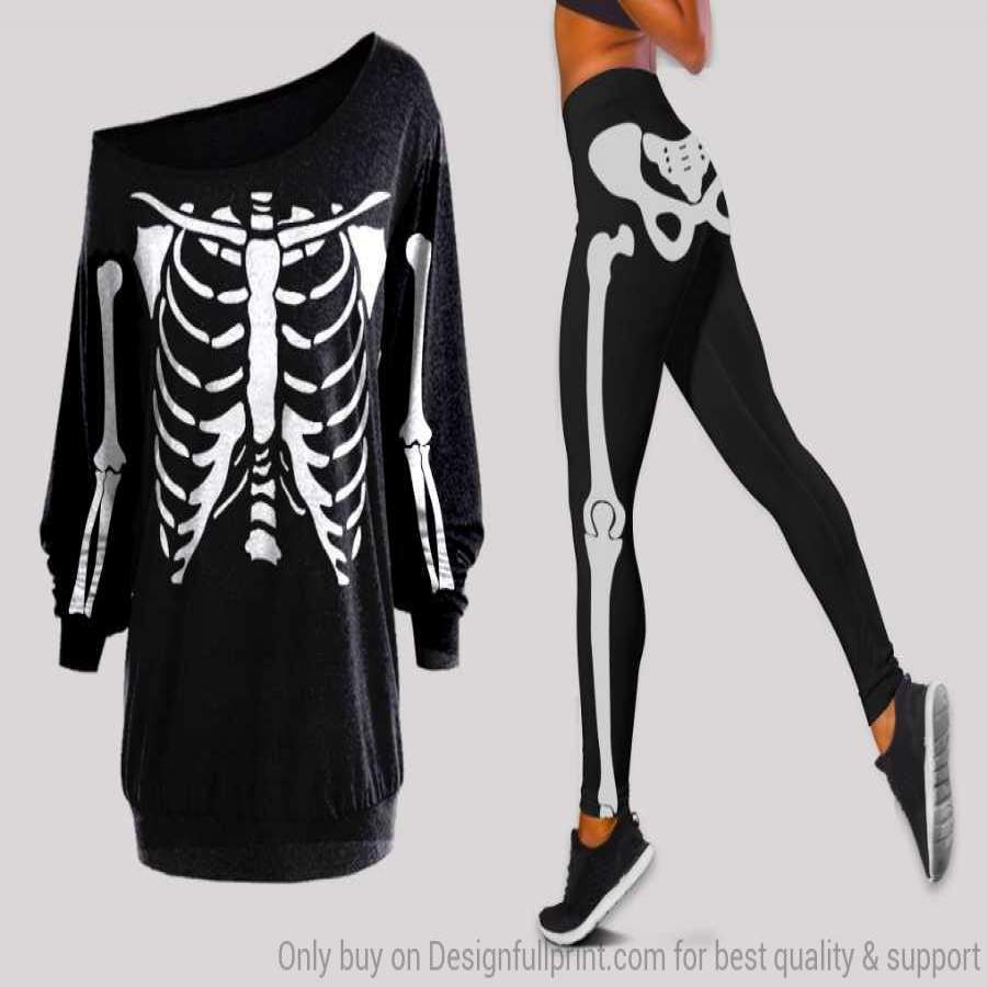 Bone Halloween Off Shoulder Long Sleeves Top And Leggings Set Designed By Shirttrendz