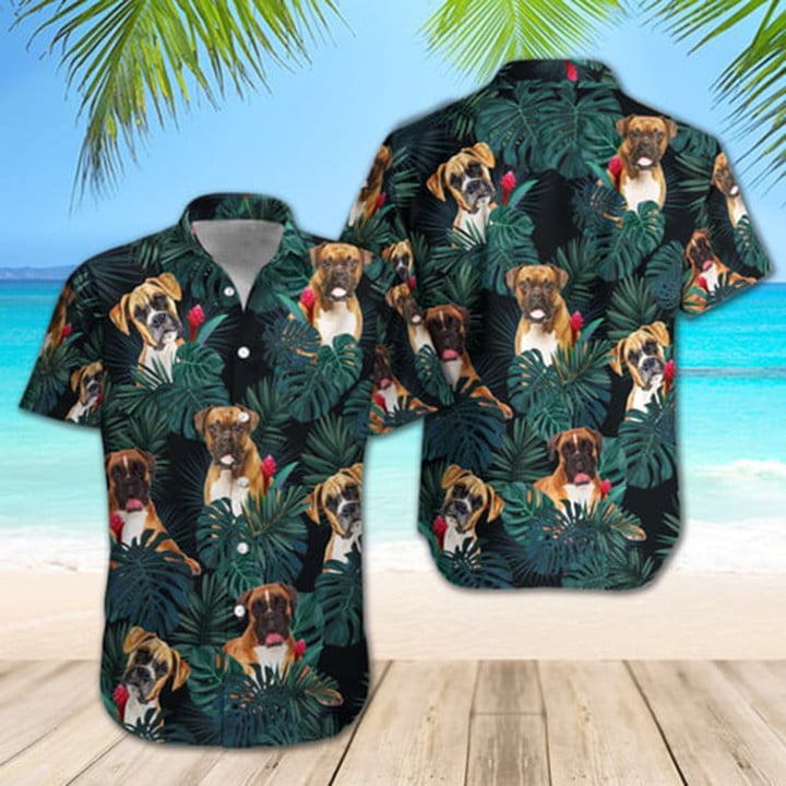 Boxer Dogs Tropical Shirt Regular Fit Short Sleeve Slim Fit Casual Full Print Shirt, Hawaiian Shirt For Woman