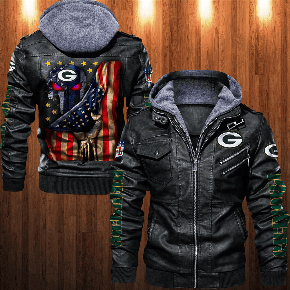 Green Bay Packers American Flag 3D Zip Leather Jacket With Hood