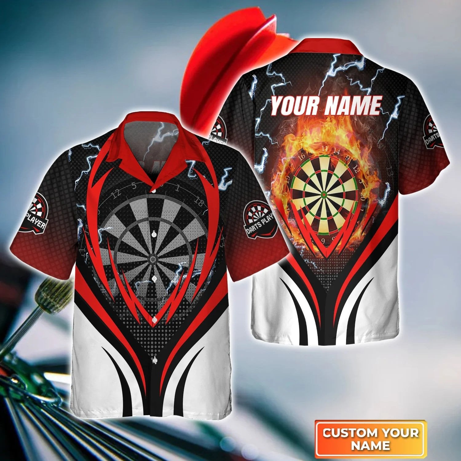 Dartboard Flame Personalized Name 3D Hawaiian Shirt For Darts Team Player, Fire And Thunder Dart Hawaiian