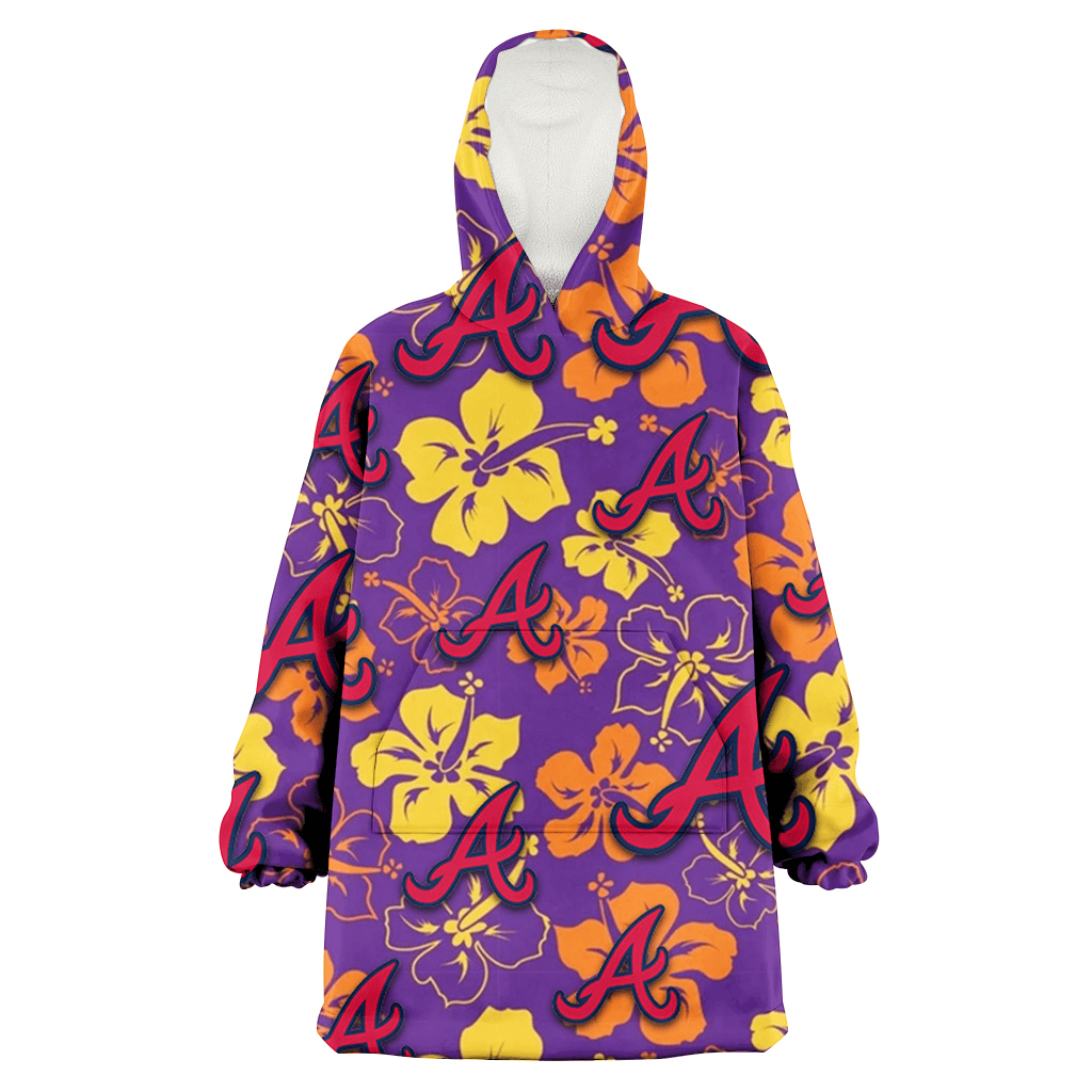 Atlanta Braves Yellow And Orange Hibiscus Purple Background 3D Printed Hoodie Blanket Snug Hoodie