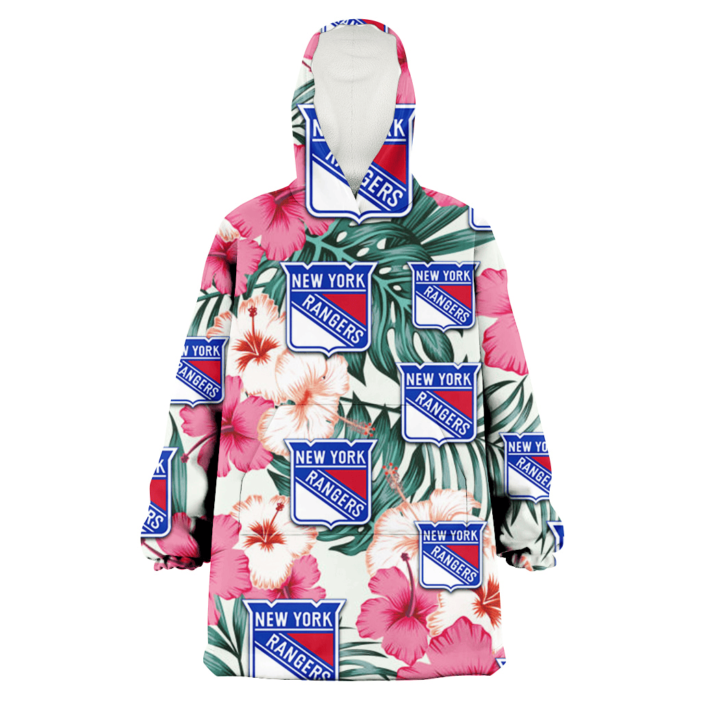 New York Rangers Coral Pink Hibiscus Green Leaf Beige Background 3D Printed Hoodie Blanket Snug Hoodie