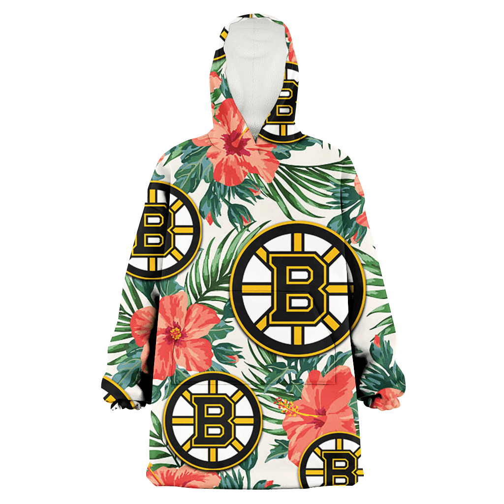 Boston Bruins Coral Hibiscus Green Leaf Beige Background 3D Printed Hoodie Blanket Snug Hoodie