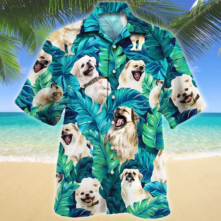 Smiling Tibetan Spaniel Dog Tropical Palm Leaves Hawaiian Shirt, Summer Hawaii Shirt For Men Women