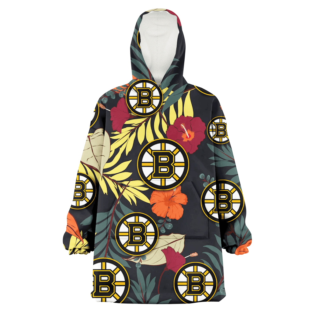 Boston Bruins Red And Orange Hibiscus Black Background 3D Printed Hoodie Blanket Snug Hoodie