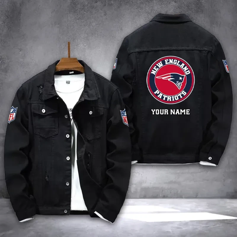 New England Patriots NFL Team Name Personalized Back Logo Black Denim Jacket