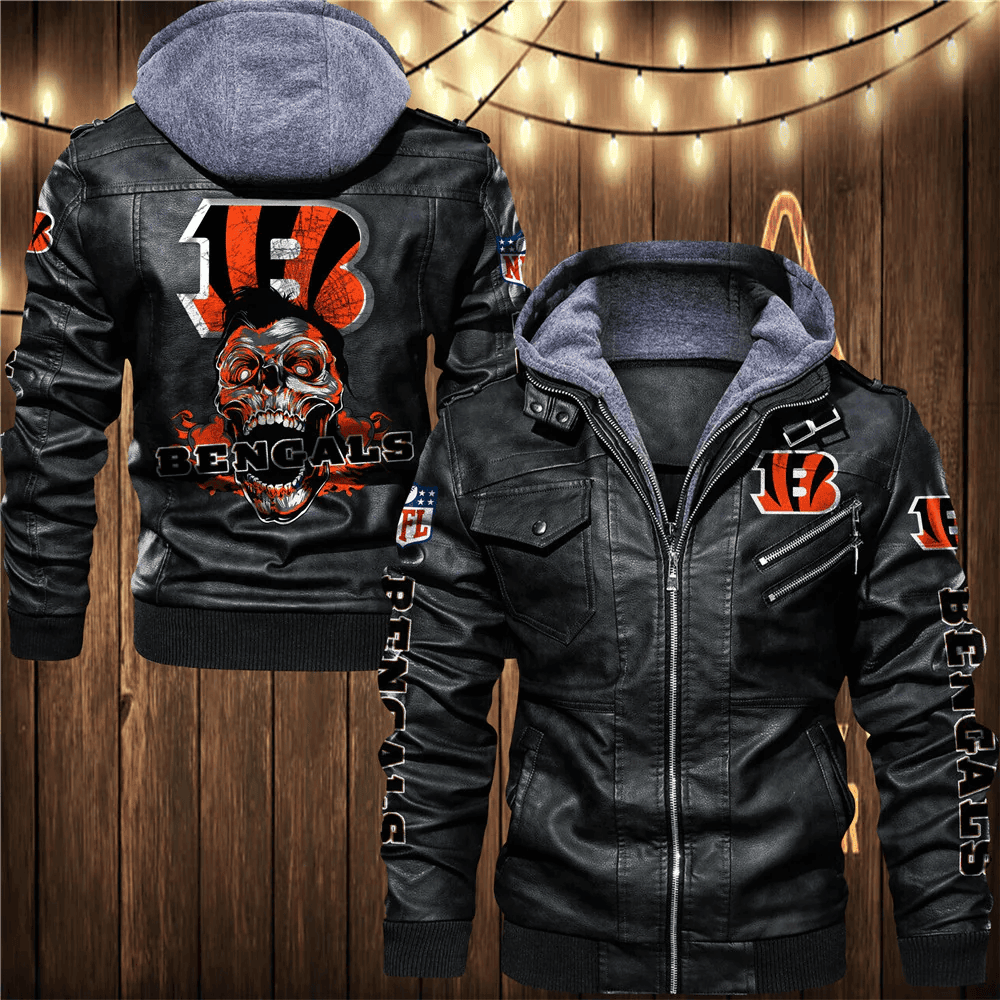 Cincinnati Bengals Skull 3D Zip Leather Jacket With Hood