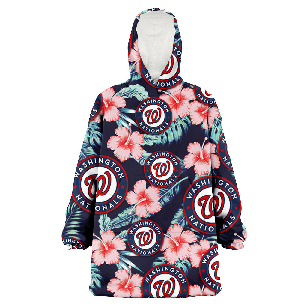 Washington Nationals Coral Hibiscus Green Banana Leaf Black Background 3D Printed Hoodie Blanket Snug Hoodie