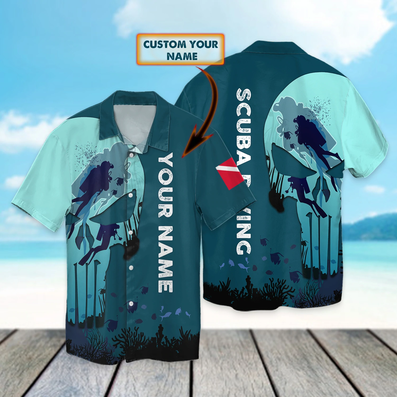 Scuba Diving Hawaii Shirt – Personalized Name 3D Hawaiian Shirt, Hawaii Scuba Dive Gift