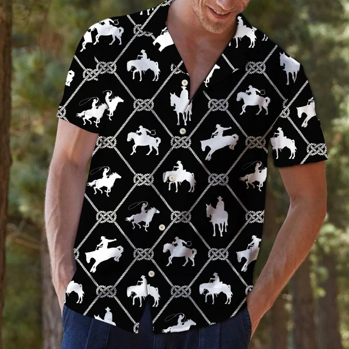 White Cowboy Riding Horse In Black Hawaiian Shirt