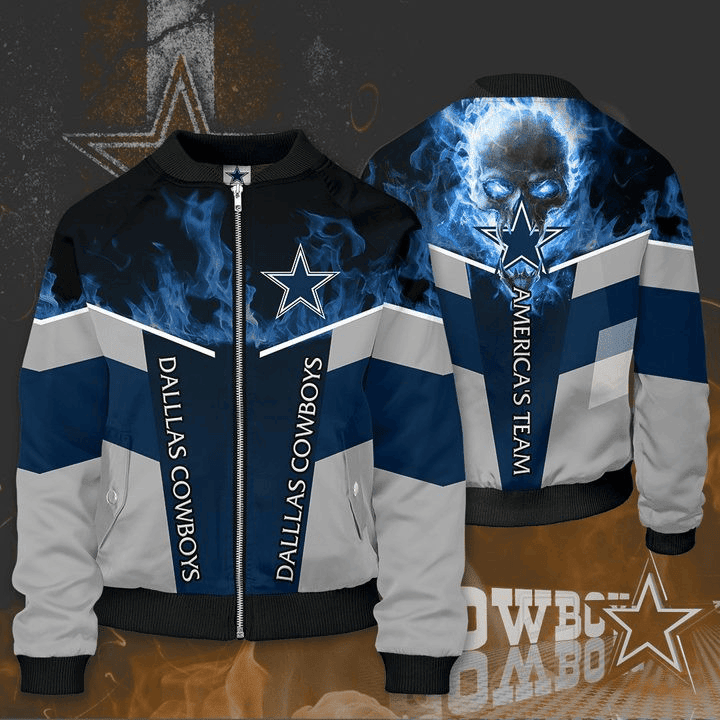 Dallas Cowboys Skull Blue Fire Unisex Bomber Jacket