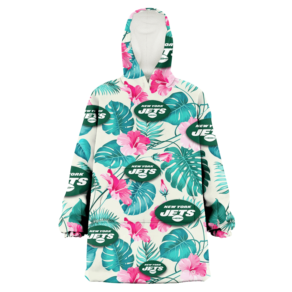 New York Jets Pink Hibiscus Green Leaf Beige Background 3D Printed Hoodie Blanket Snug Hoodie