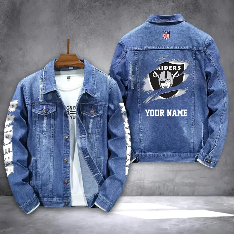 Las Vegas Raiders NFL Team Name Personalized Sleeve Back Logo Blue Slick Pattern Denim Jacket