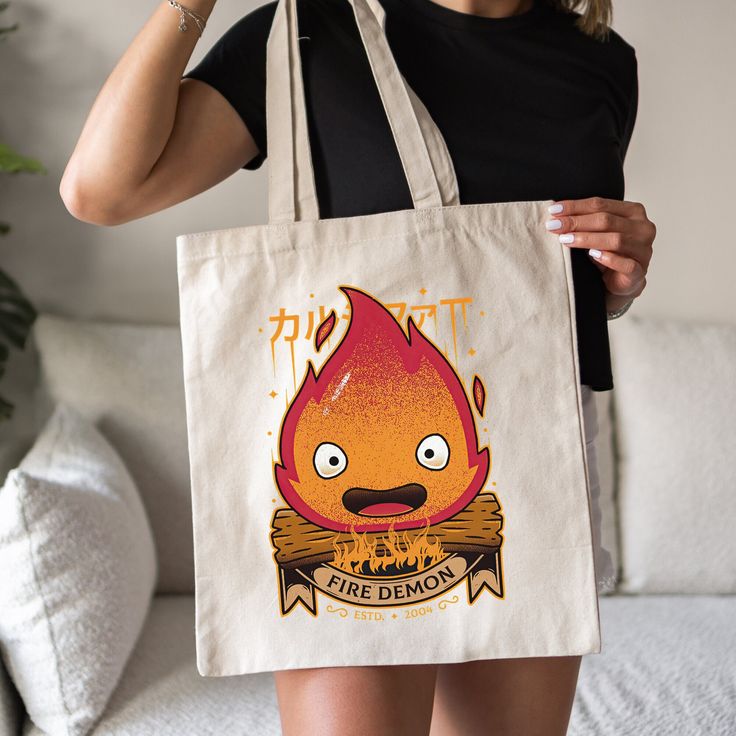 Howls Moving Castle Calcifer Inspired Tote Bag, Best Tote Bags Ideas, Cute Tote Bags Ideas, Tote Bag Design Ideas, Girls Tote Bag, Best Canvas Tote Bags Ideas