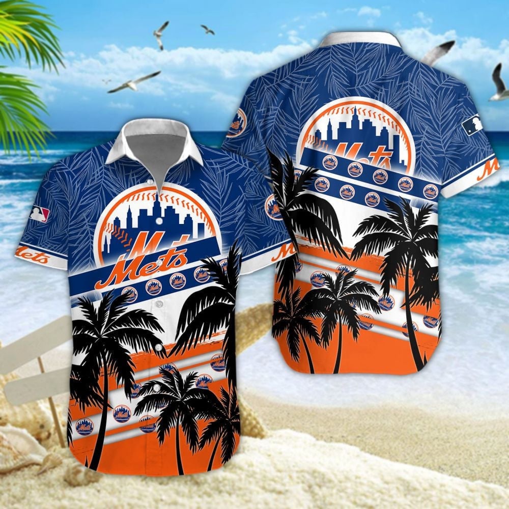 New York Mets Mlb Black Palm Trees And Team Logo 3D Hawaiian Shirt