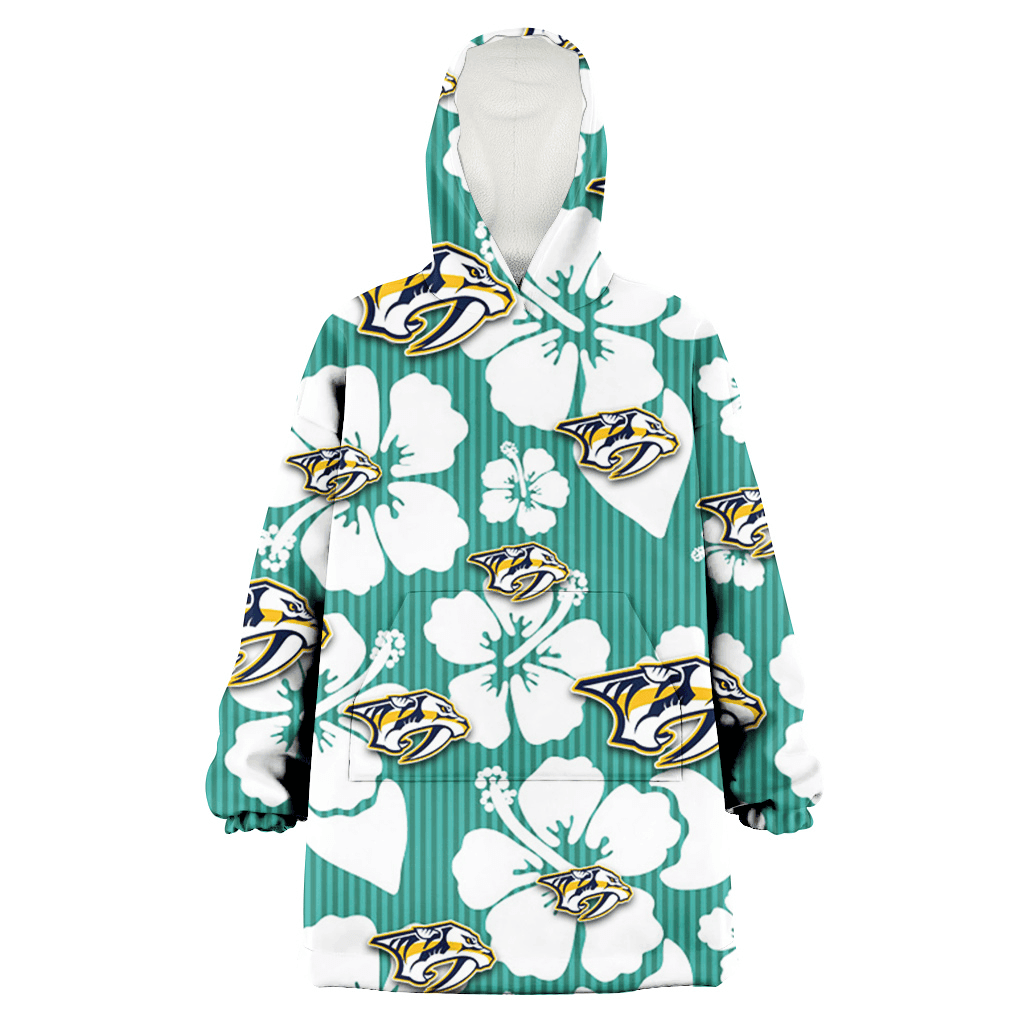 Nashville Predators White Hibiscus Turquoise Stripe Background 3D Printed Hoodie Blanket Snug Hoodie