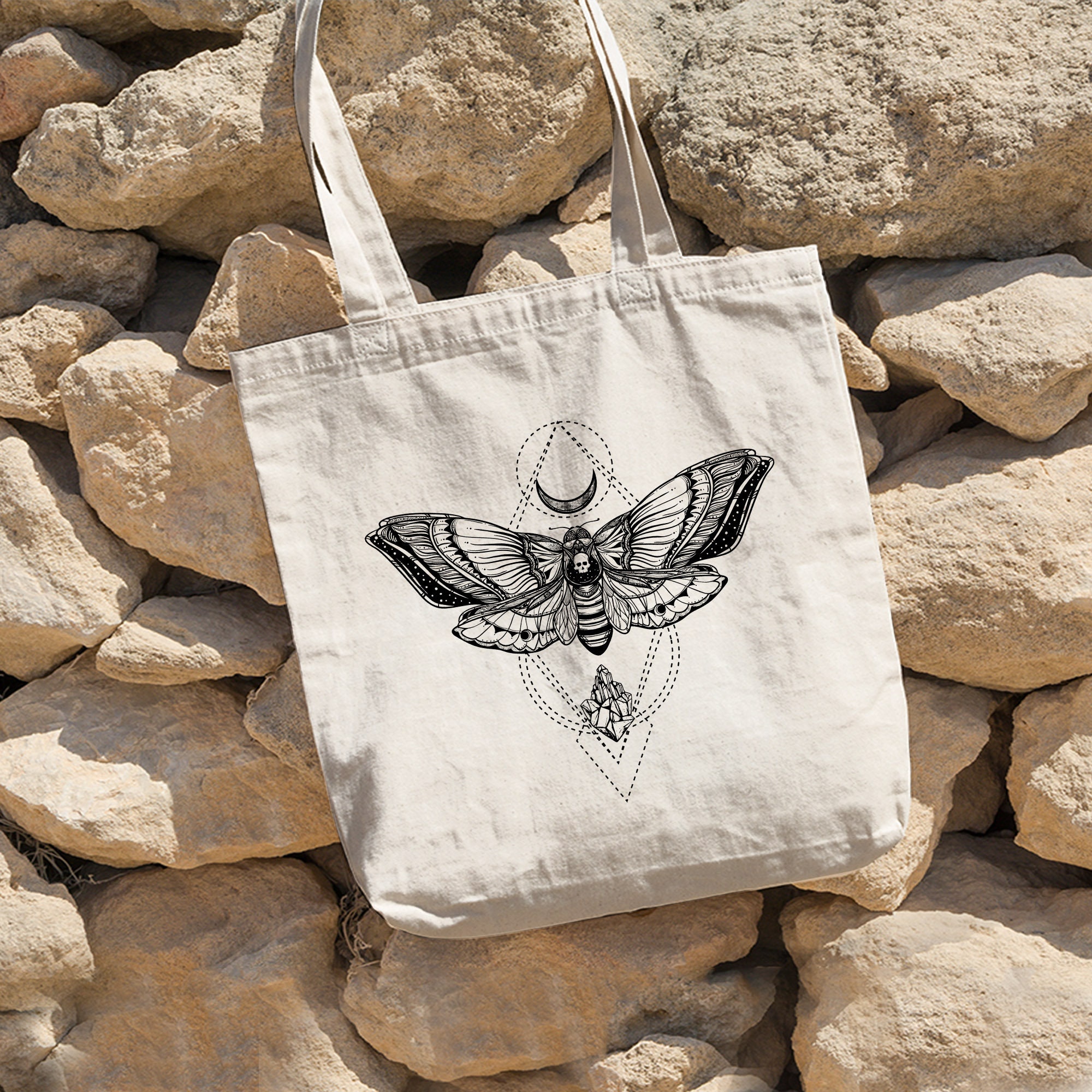 Moon Moth Rock Tote Bag, Moth Bag, Celestial Moon Moth Tote Bag, Moth Butterfly Tote Bag, Cottagecore Tote Bag, Magic Bag, Canvas Tote Bag