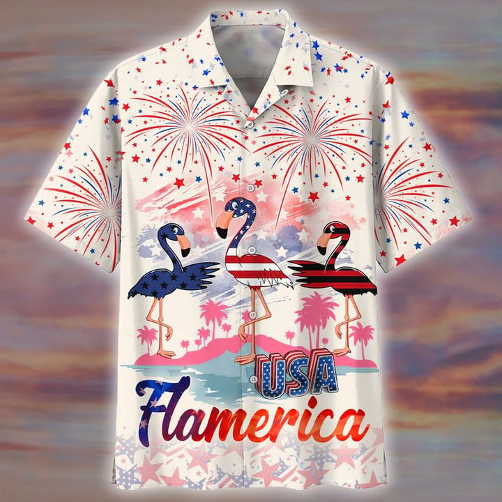 3D All Over Print Flamingo And Firework Pattern Independence Hawaiian Shirt