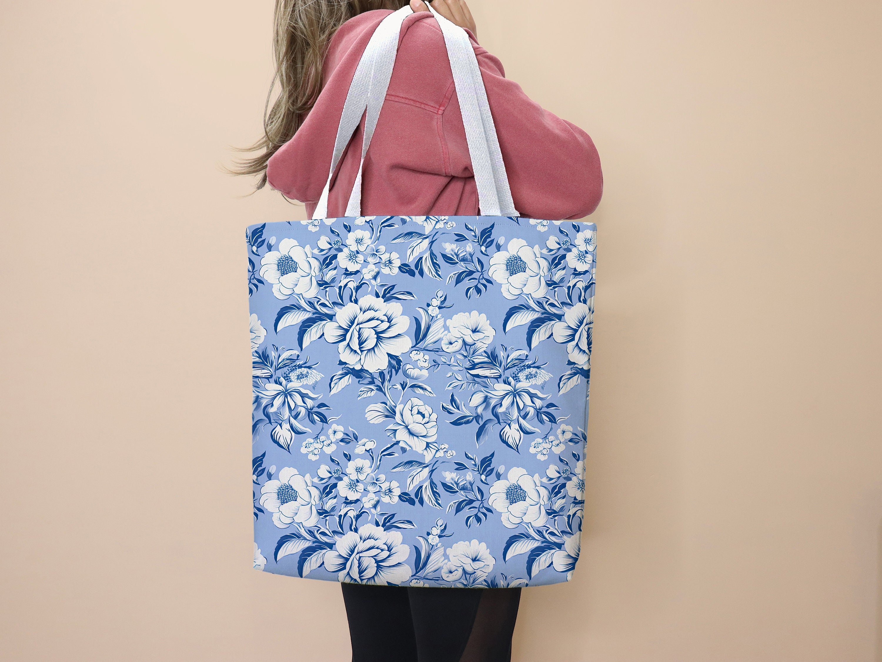 Blue White Floral Tote Bag Flower Bag School Tote Floral Gift for Her Cute Bag Floral Flower Everyday Tote Grocery Bag Floral Work Tote Blue