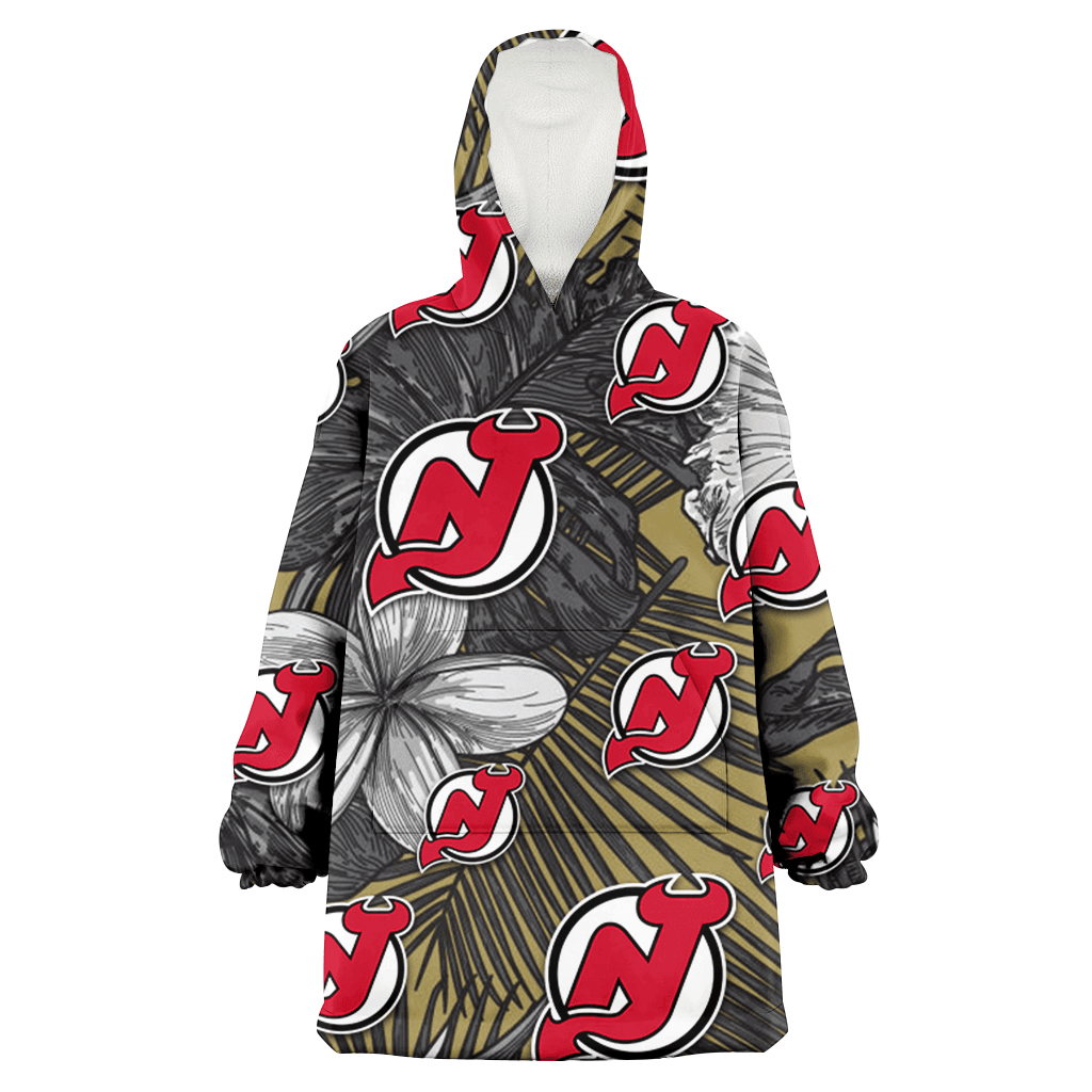 New Jersey Devils Gray Sketch Hibiscus Yellow Palm Leaf Black Background 3D Printed Hoodie Blanket Snug Hoodie