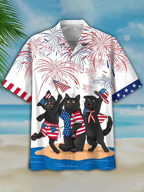 Men’S Independence Day Is Coming Cat Print Casual Hawaiian Shirt, Usa Patriotic Hawaiian Shirt