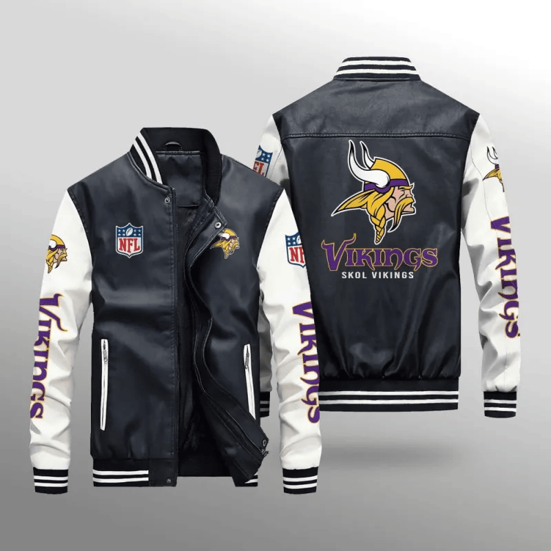 Minnesota Vikings NFL Team Personalized Name Back Logo Leather Bomber Jacket