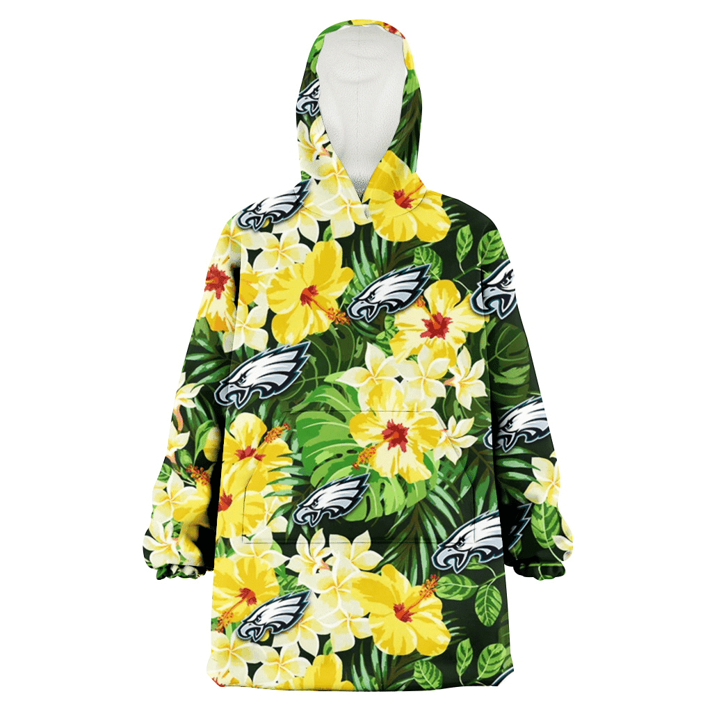 Philadelphia Eagles Yellow Hibiscus Tropical Green Leaf Black Background 3D Printed Hoodie Blanket Snug Hoodie