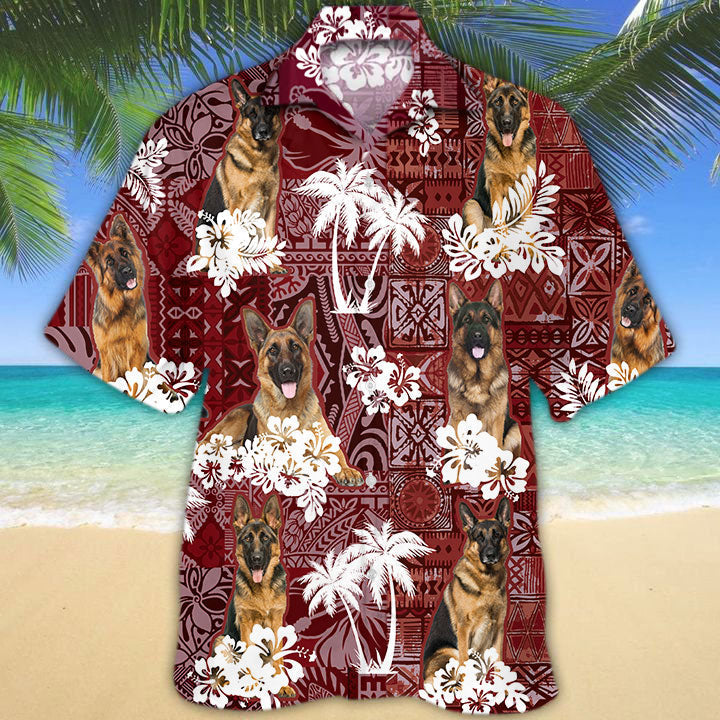 German Shepherd Hawaiian Shirt, Pet Hawaiian Shirts Red Tribal Pattern