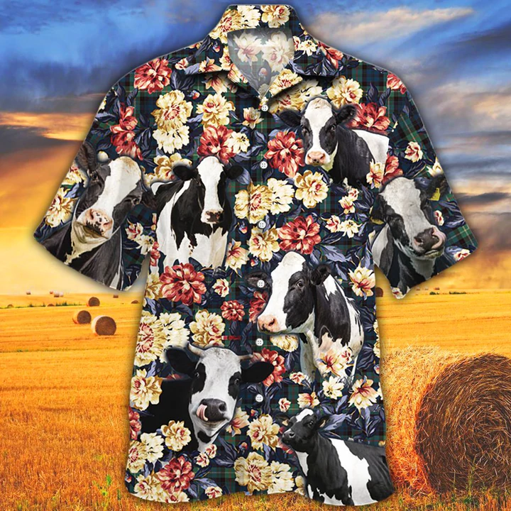 Cow Hawaiian Shirt, Summer Hawaiian Shirt, Animal Shirt, Holstein Friesian Cattle Green Plaid Pattern Hawaiian Shirt